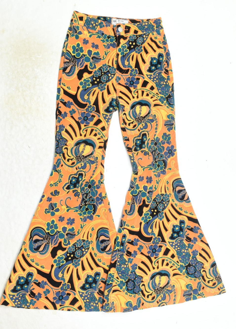 Free People Super Flare Corduroy Pants Womens 25 Orange Retro Floral Low Rise